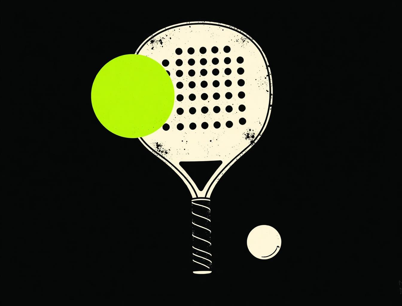 Ilustración estilo póster de una raqueta y pelota de pádel